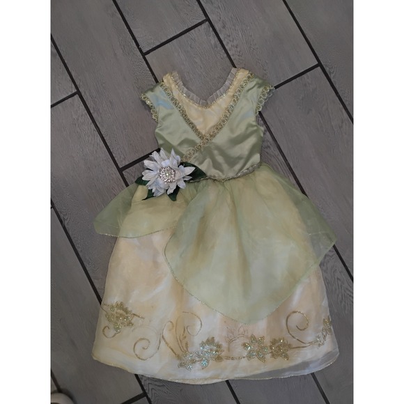 Disney Store Princess Tiana Costume Dress Girls Size 4 Green Gold Glitter Flower - Picture 2 of 6